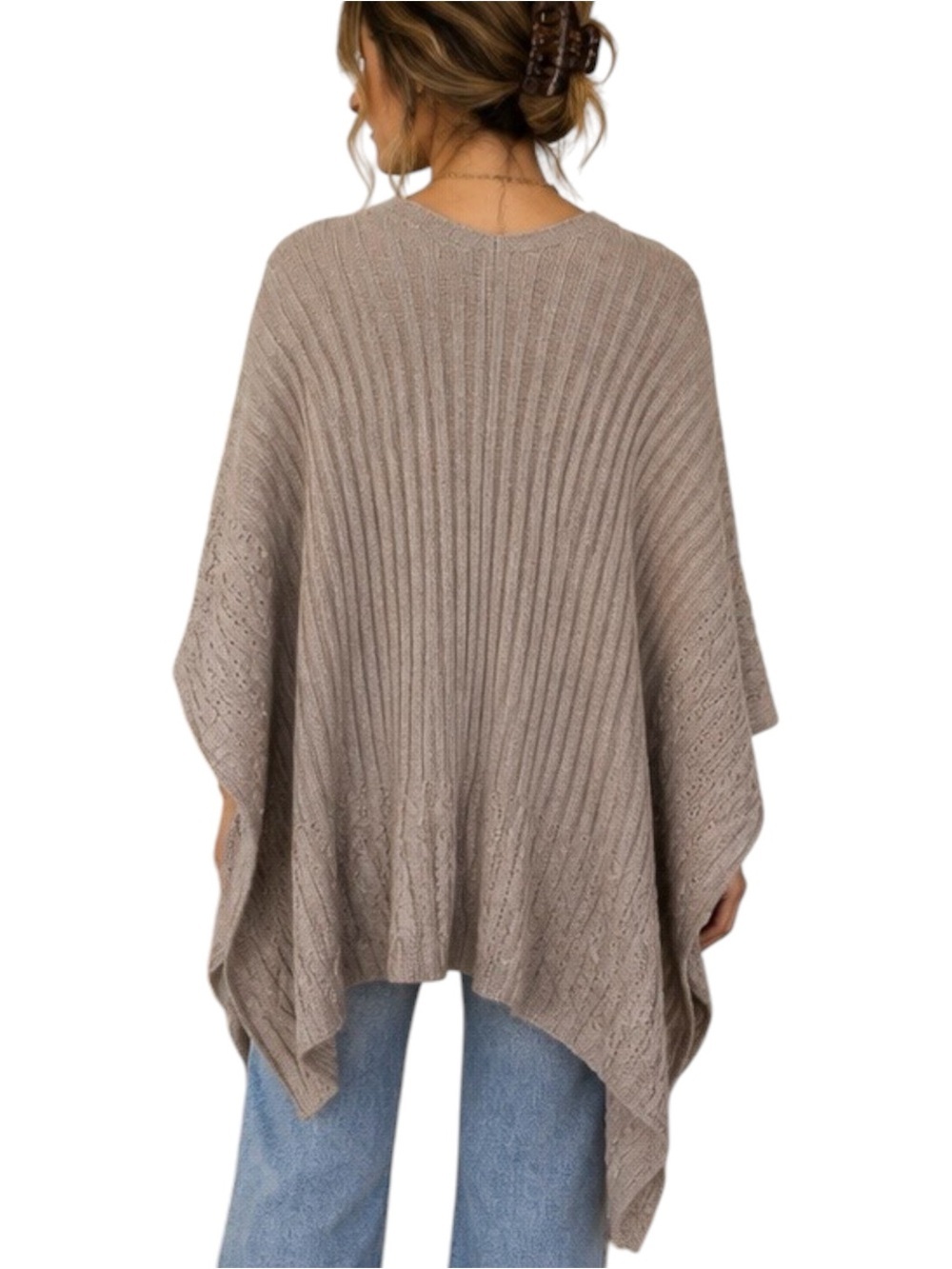 Kate Landry Oversized Cable Knit Poncho Cardigan Taupe One Size - Picture 2 of 6